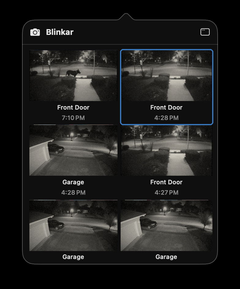 Blinkar menubar popover showing recent clip thumbnails