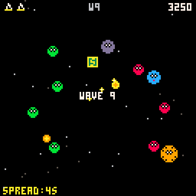 Wave 9 — a chaotic mix of enemies and a spread shot pickup