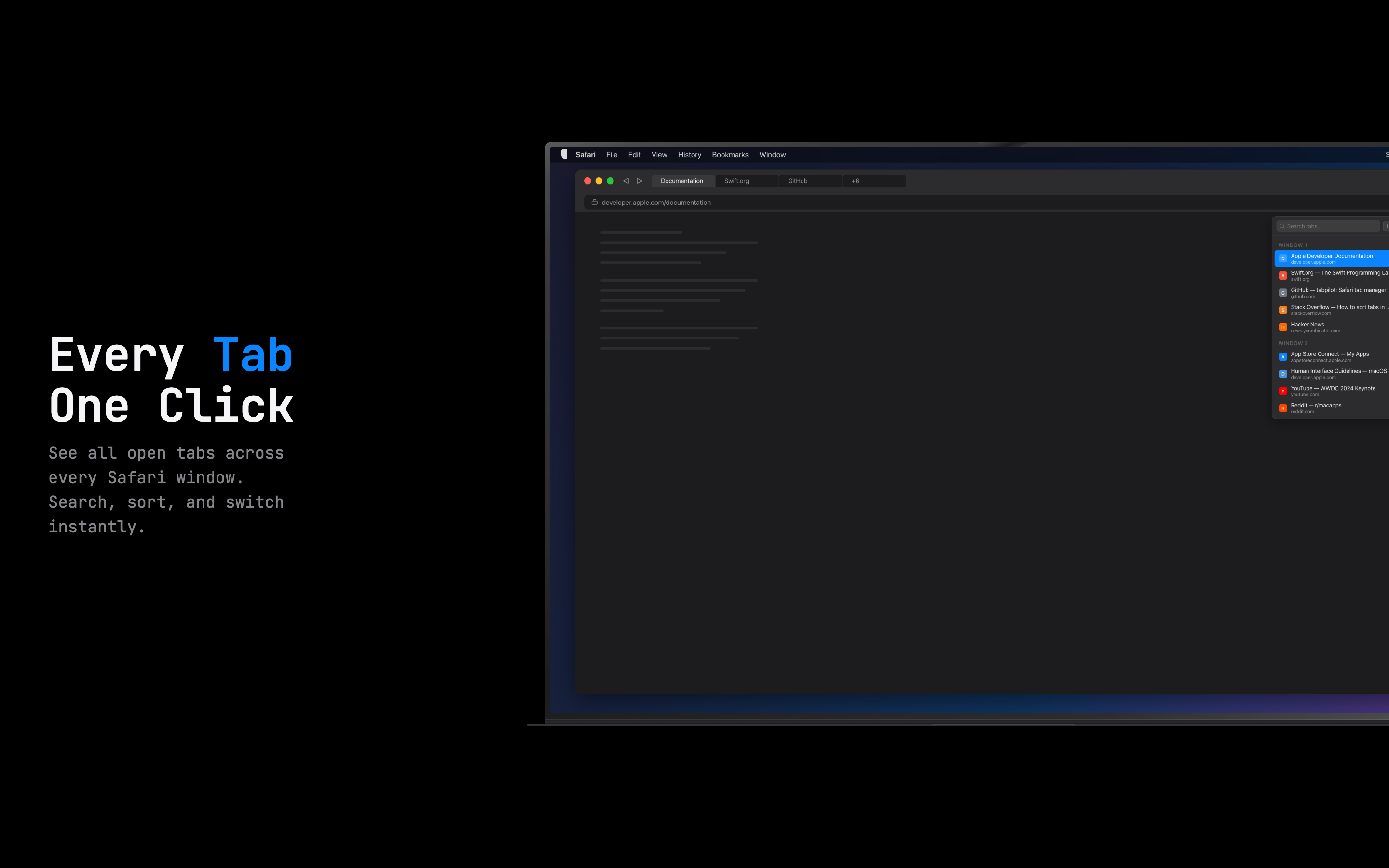 TabScope showing all open tabs across Safari windows