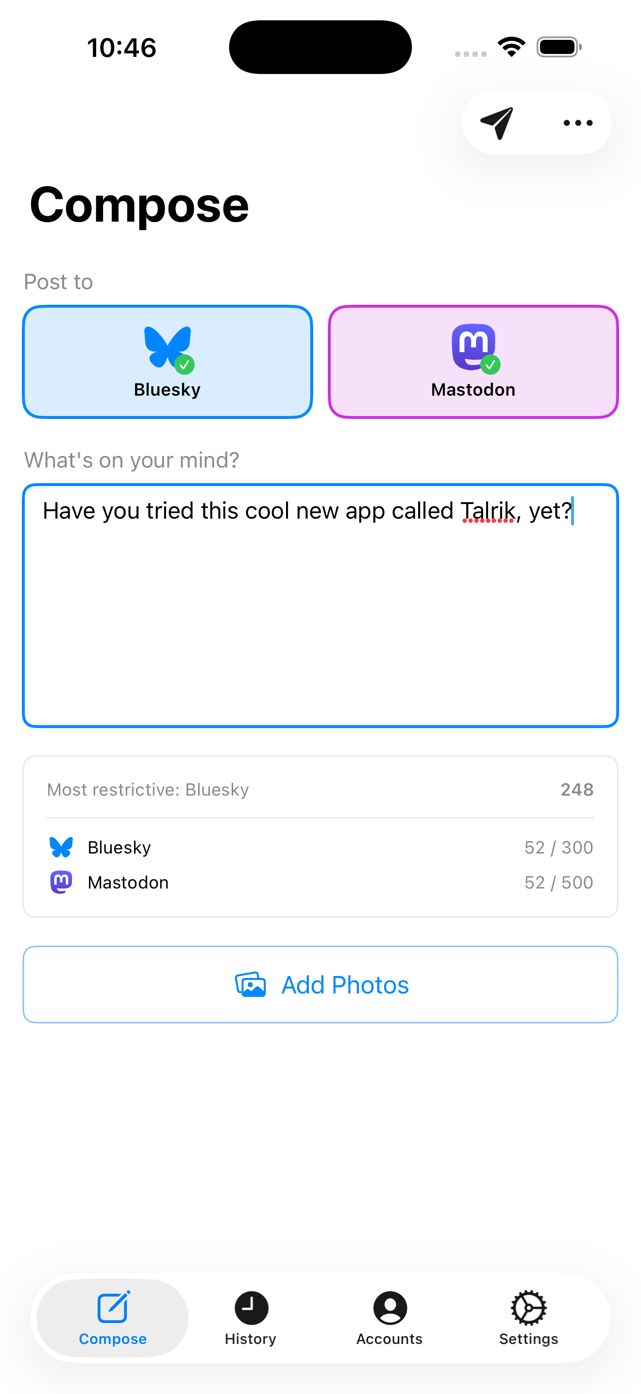 Talrik compose view on iPhone showing platform selection, text editor, and per-platform character counts