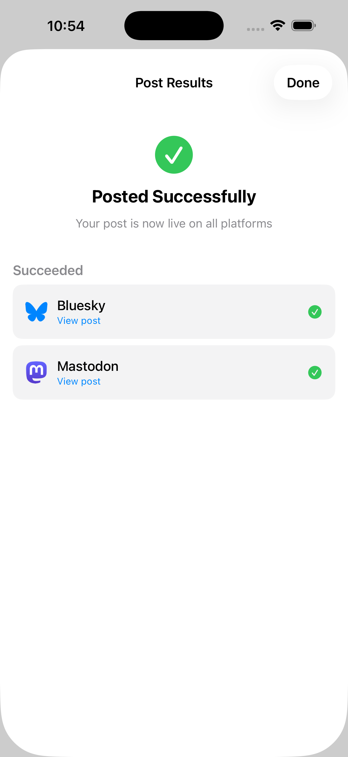 Talrik post results screen showing successful posts to Bluesky and Mastodon