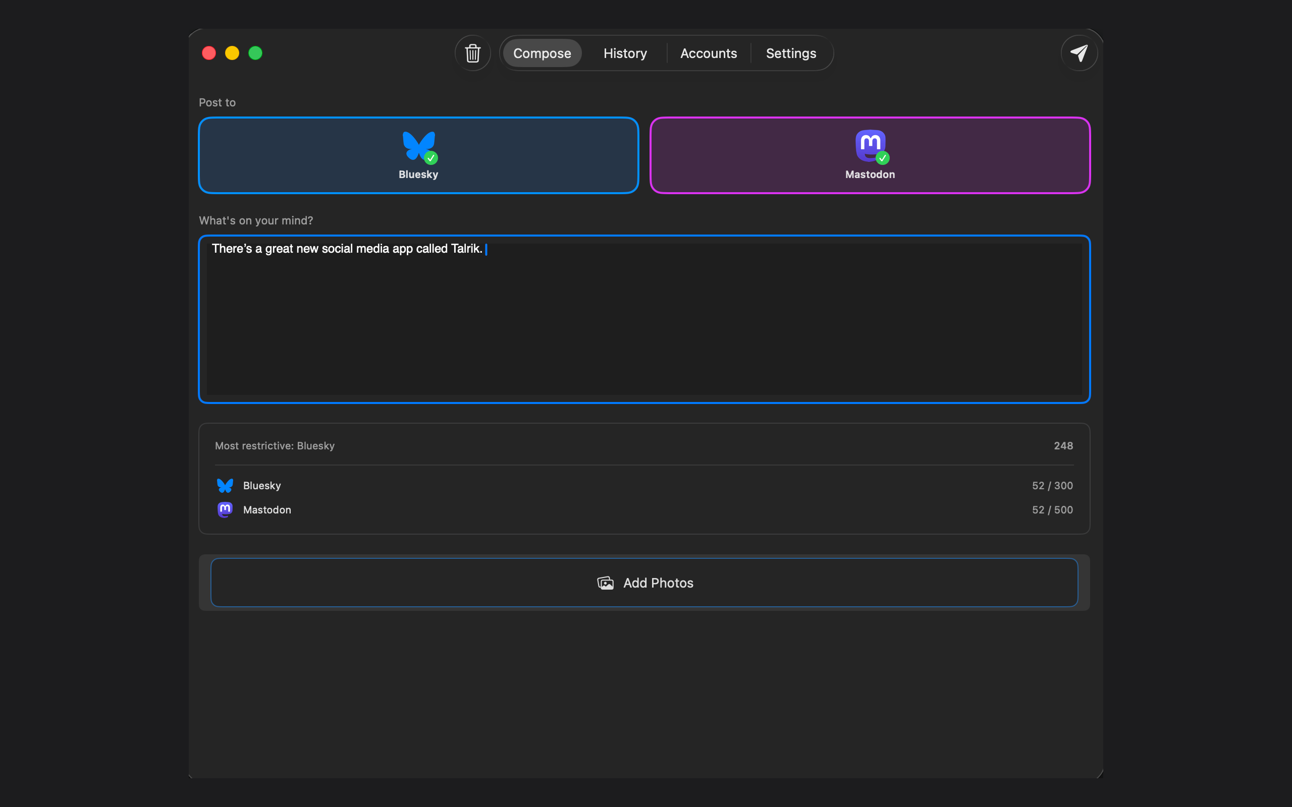 Talrik compose view on macOS in dark mode